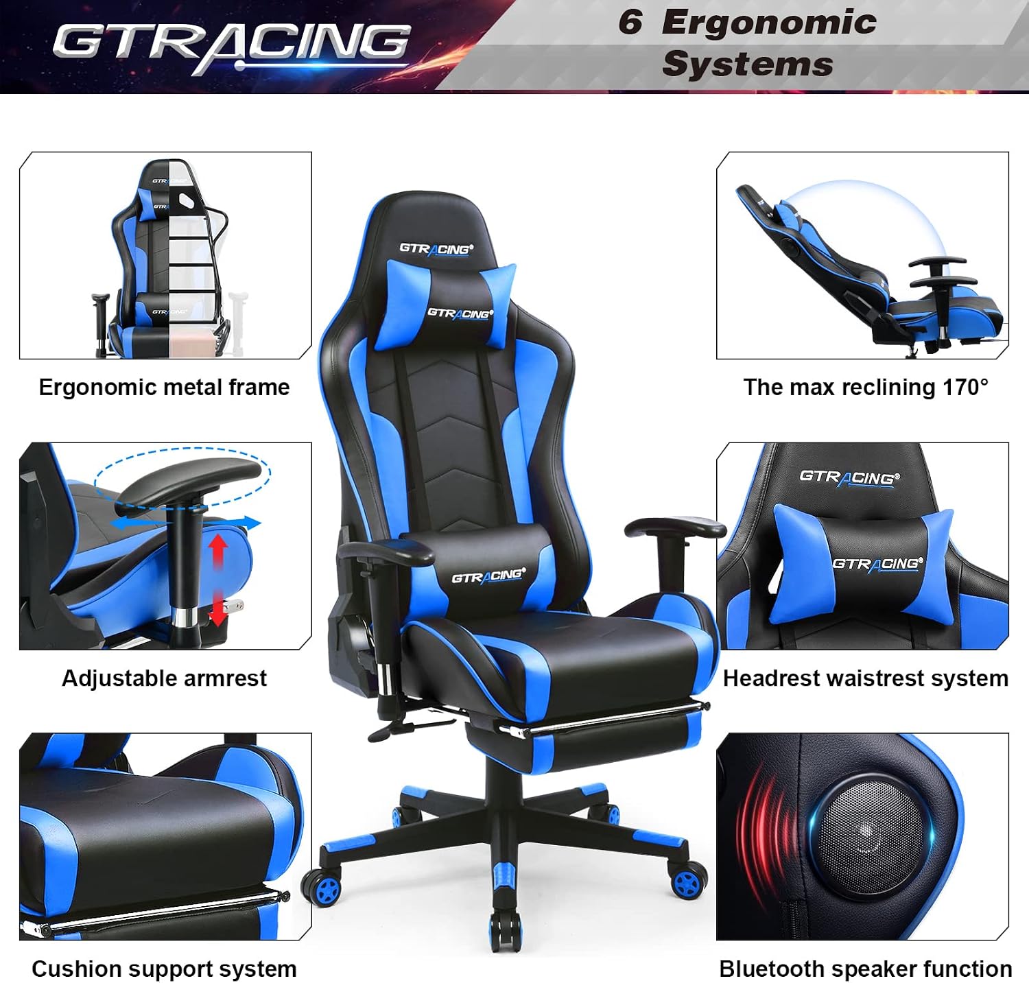 GTRACING Gaming Chair with Speaker and Footrest Office Computer Chairs Music Video Gamer Chair Heavy Duty Ergonomic Computer Office Desk Chair Blue