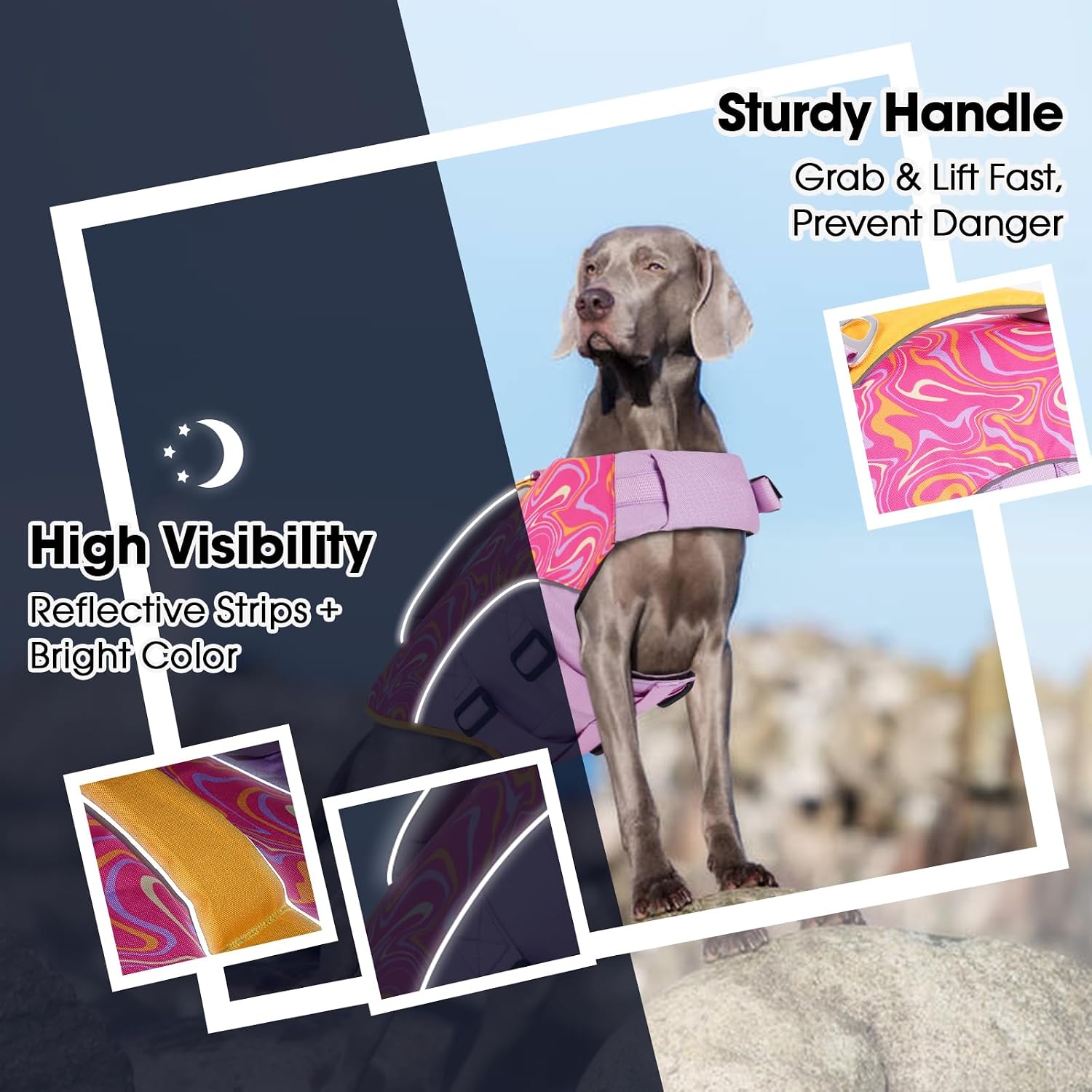 Dog Life Jacket, Swirl Puppy Life Vest for Swimming & Boating, Adjustable Lifesaver High Flotation, Reflective Dog Life Preserver with Rescue Handle for Small Medium Large Dogs Purple