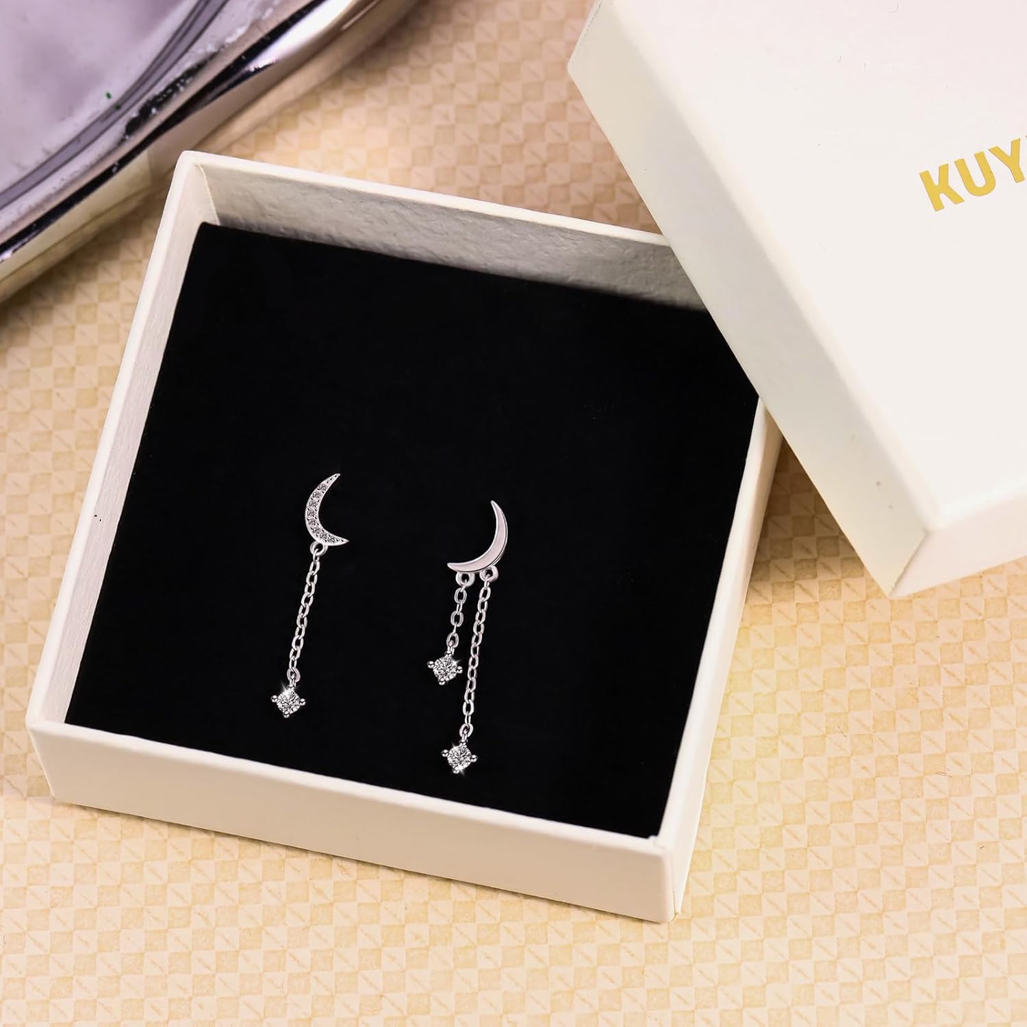 925 Sterling Silver Moon and Star Dangle Earrings for Women Asymmetrical Danity Earrings Moon Star Cubic Zirconia Drop Stud Celestial Gift for Her - Image 7