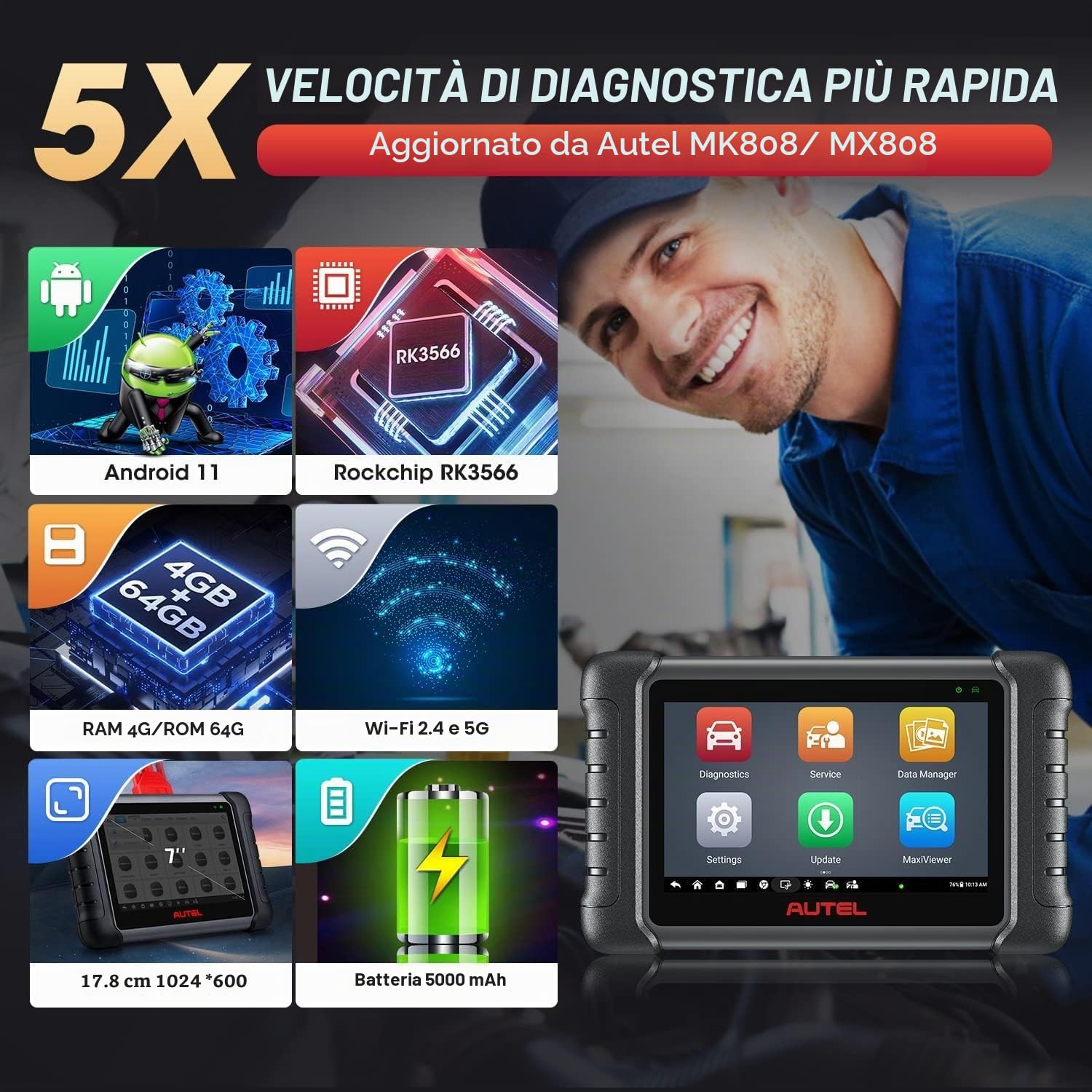 Autel MaxiCheck MX808S, 2026 Completo Bidirezionale come MK900BT MK808BT PRO, 4G+64G 2.4G & 5G WiFi, 28+ Servizi, OS11, 10X Più Veloce, Tutto SIS, Nuova Ver di MaxiCOM MK808, Funziona come MK900 MX900