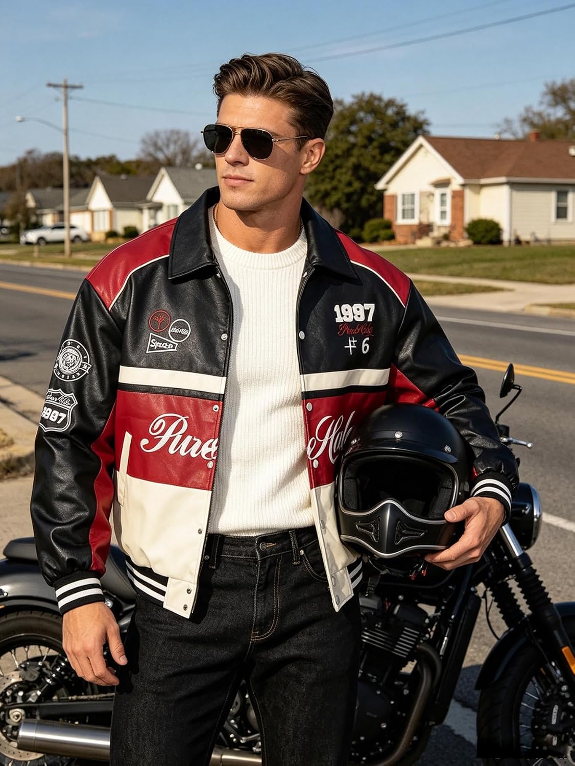 Men's Racing Jacket Faux Leather Race Car Motorcycle Biker Style