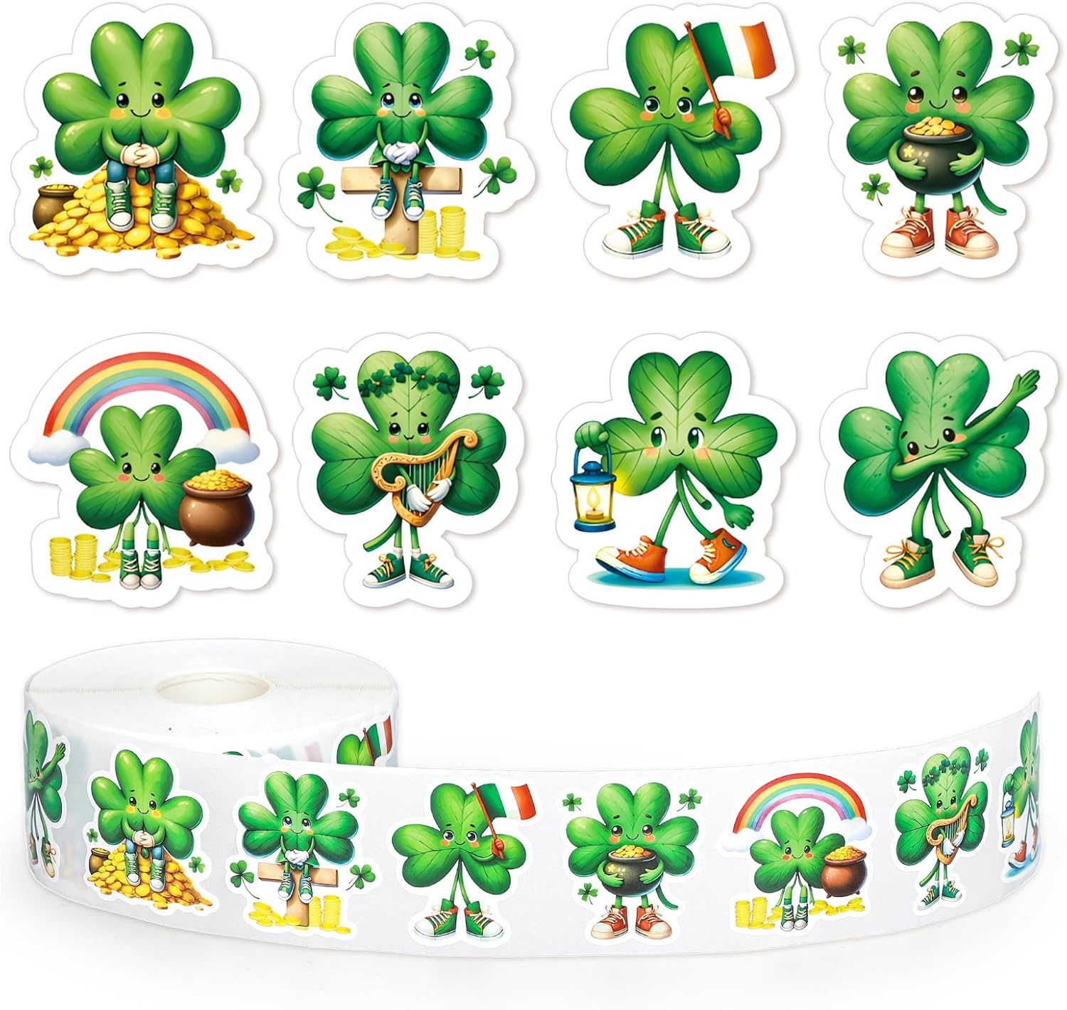 Whaline 1000Pcs St. Patrick's Day Shamrock Stickers Roll Cute Cartoon Green Clover Self-Adhesive Sticker Decals for Scrapbook Journal Decor Irish Holiday, 8 Designs