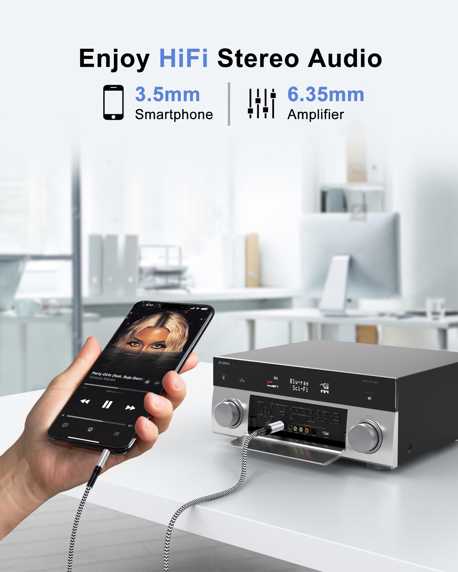 Cavo audio da 6,35 mm a 3,5 mm, cavo adattatore intrecciato da maschio TRS da 1/4" a maschio da 1/8", AUX stereo bidirezionale per iPhone, chitarra elettrica, cuffie, amplificatore, pianoforte