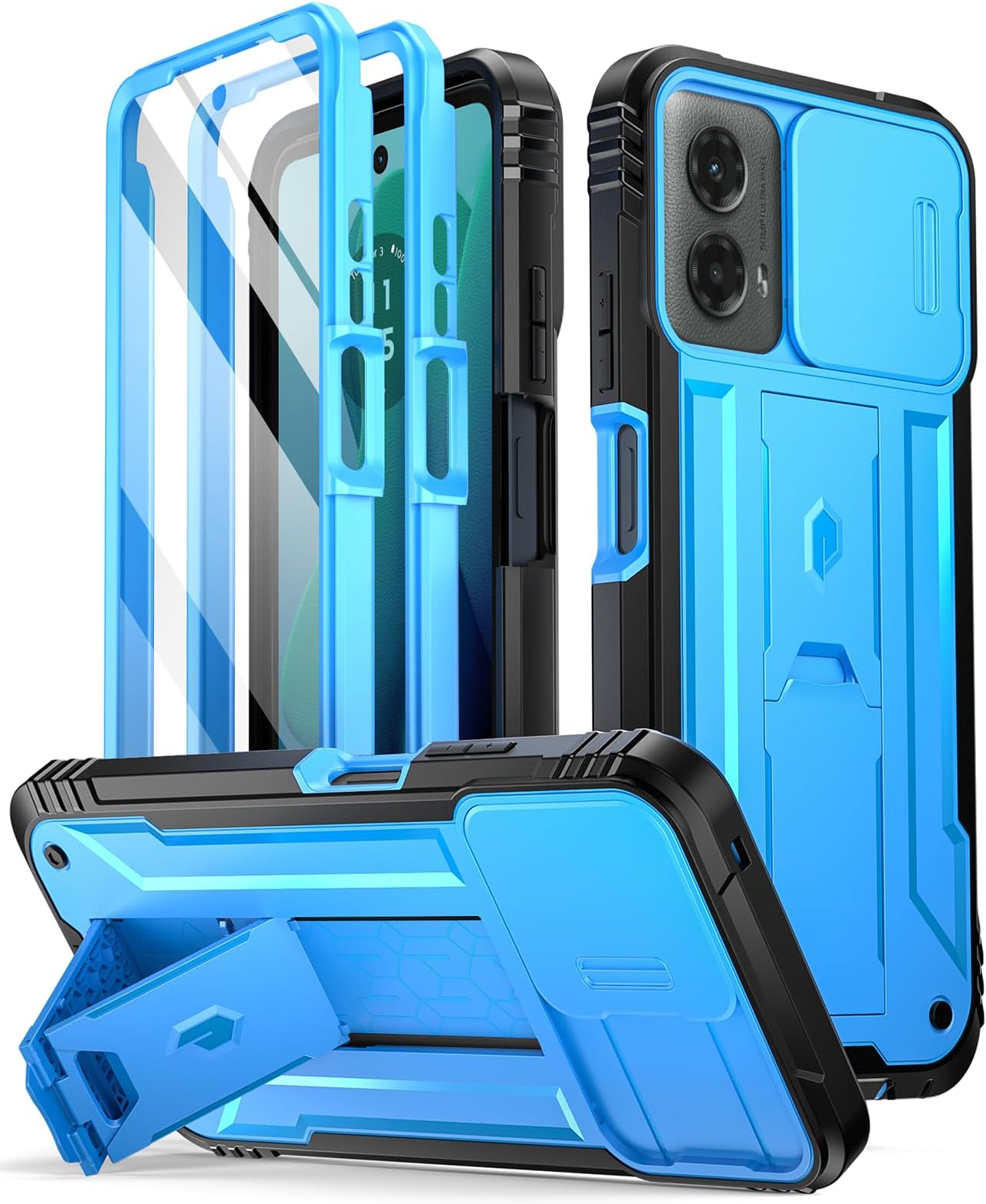 Poetic Revolution Case for Motorola Moto G 5G 2024, [Slide Camera Cover],Full-Body Military Grade Rugged Shockproof Cover with Kickstand and Built-in-Screen Protector, Light Blue