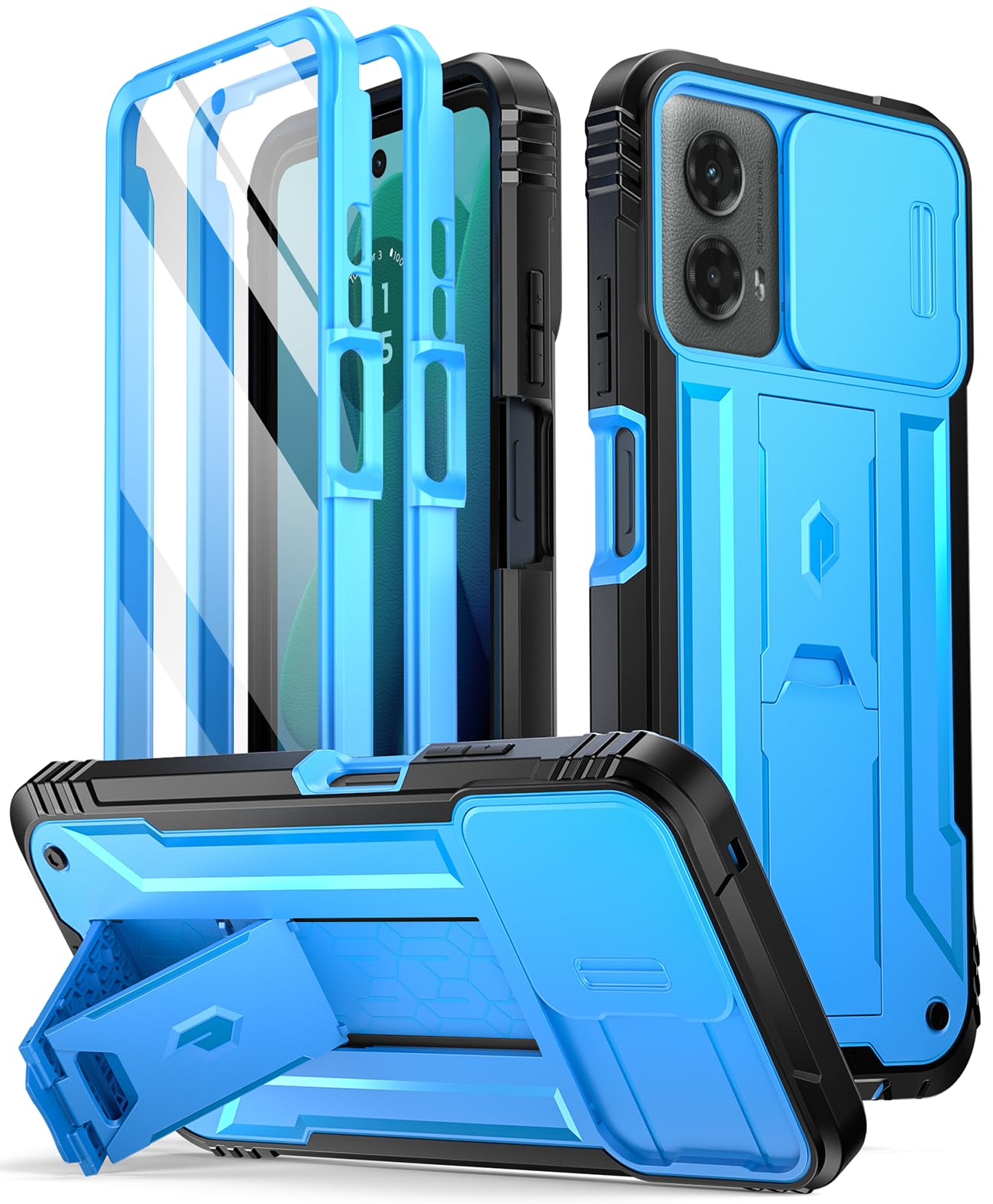 Poetic Revolution Case for Motorola Moto G 5G 2024, [Slide Camera Cover],Full-Body Military Grade Rugged Shockproof Cover with Kickstand and Built-in-Screen Protector, Light Blue