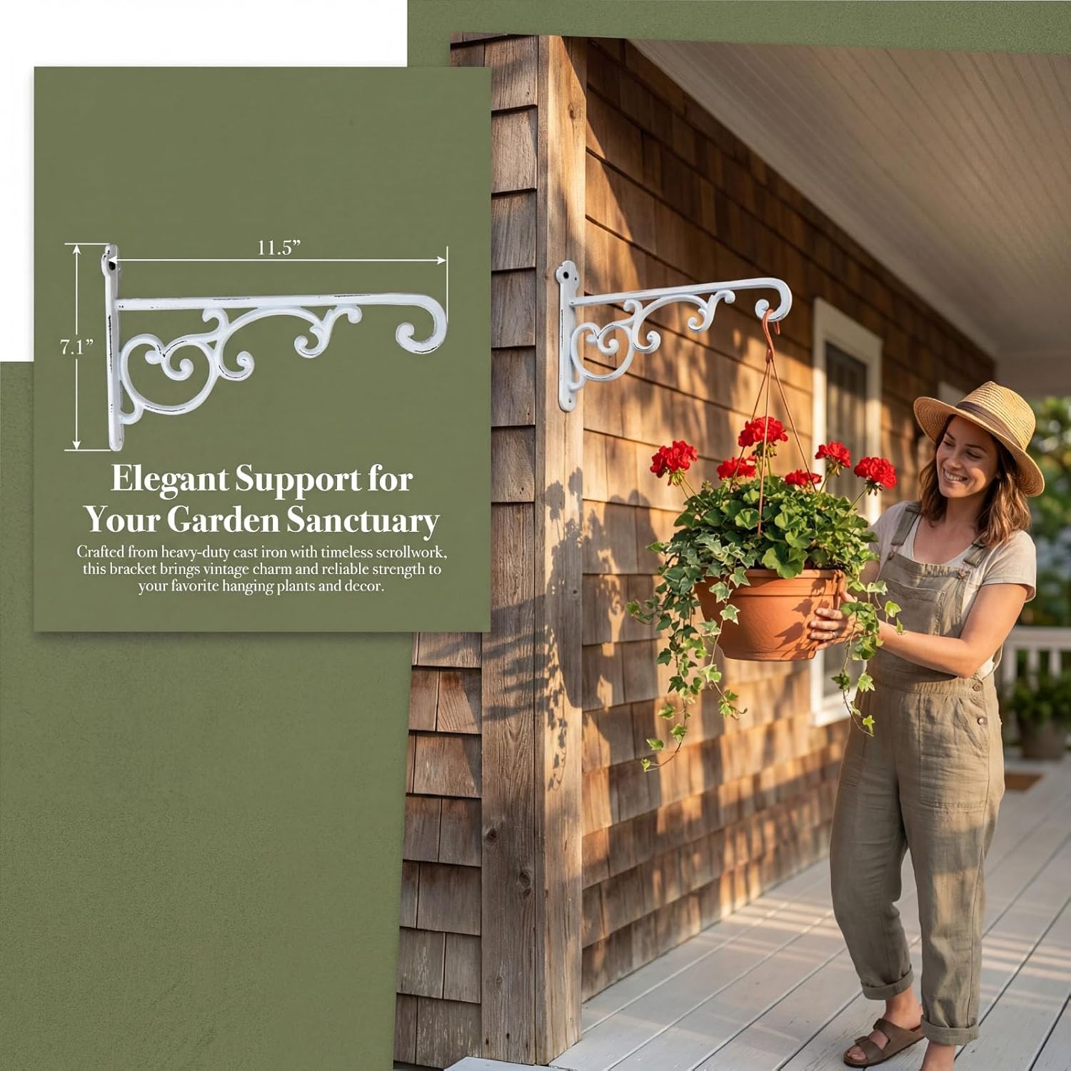 Heavy-Duty Cast Iron Plant Hanging Brackets, 11.5" Wall Mount Hanger for Planters, Bird Feeders, Lanterns, Outdoor & Indoor Use, Set of 2 with Mounting Hardware (White, 2-Pack‌)