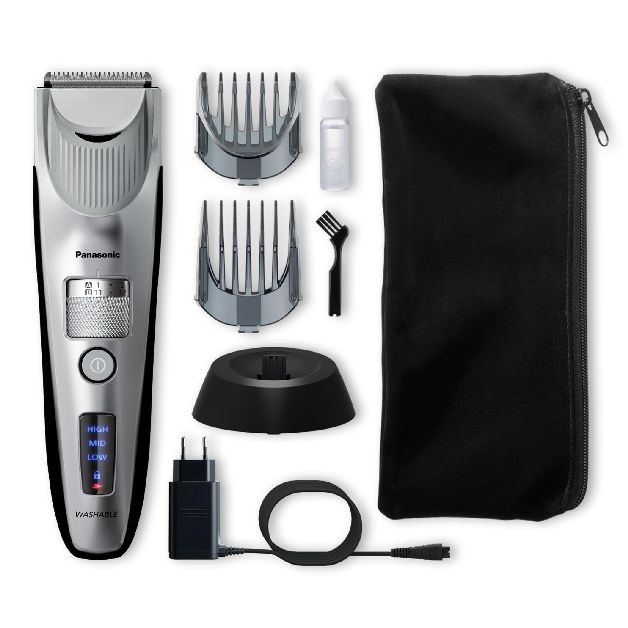 Panasonic ER-SC60-S803 Tondeuse à Cheveux pour Hommes, Portable Sans Fil et Étanche, Lames Supérieures, 20 Longueurs Réglables, 2 Accessoires, Avec ou Sans Fil, Socle de Chargement, Argenté