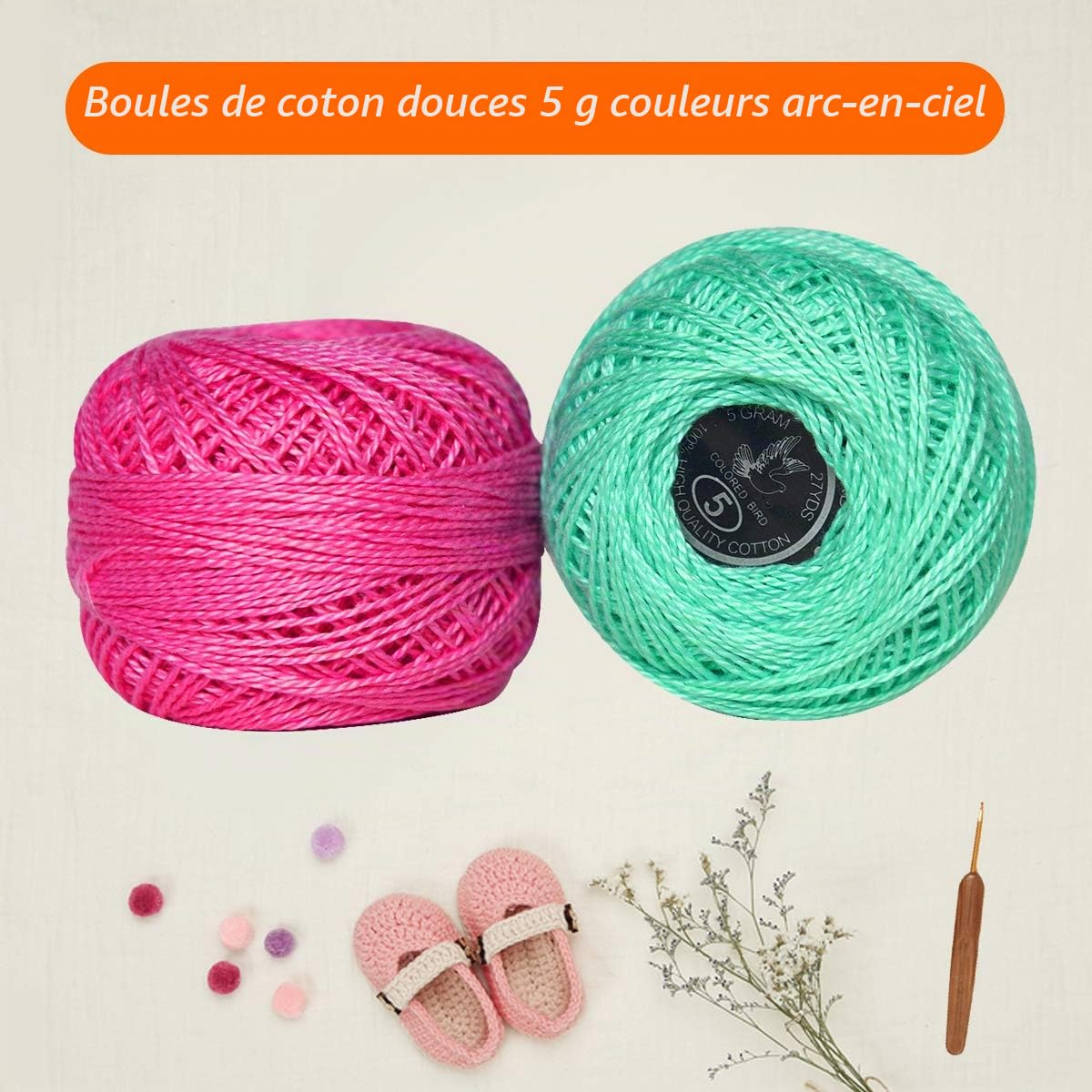 Lot de 35 pelotes de fils de coton pour crochet, couleurs arc-en-ciel tendance, taille 5, fil 100 % coton mercerisé à longues fibres
