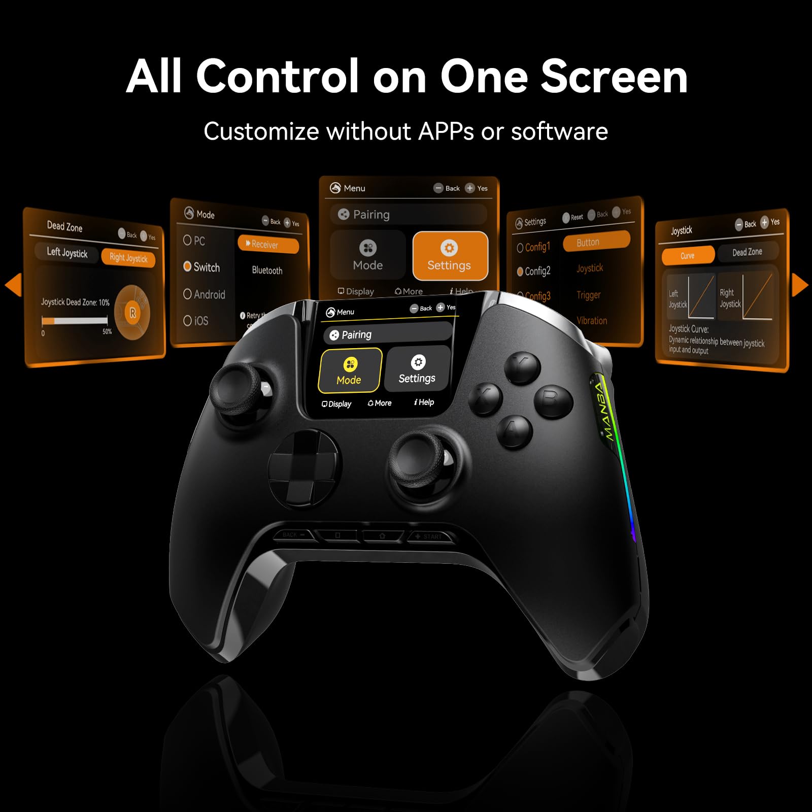 MANBA One V2 Mando Inalámbrico con Pantalla Interactiva Integrada (Negro) | Compatible con PC/Switch/iOS/Android, Hall Joystick/Gatillo, RGB, Macros, Batería 1800 mAh, Base de Carga