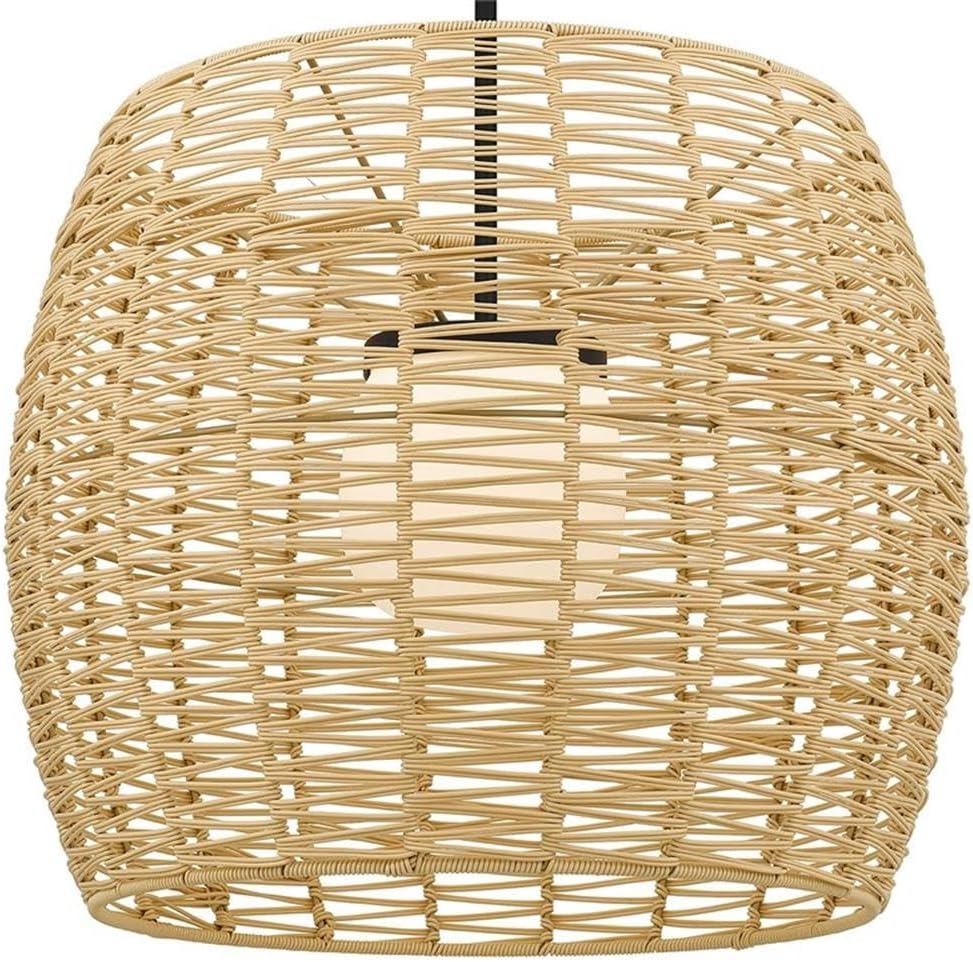 BOWERY HILL Modern Aluminum LED Outdoor Pendant, 24-Inch, Black Finish, Weather-Resistant Rattan Design, Etched Opal Glass, 5-CCT Dimmable, Wet Location Rated for Patio or Exterior Decoration