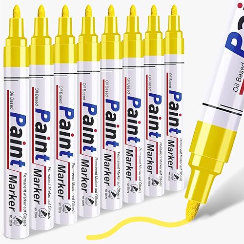Yellow Paint Pen Permanent Paint Markers - 8 Oil Based Paint Pens, Medium Tip, Quick Drying and Waterproof Marker Pens for Metal, Rock Painting, Wood, Fabric, Plastic, Canvas, Mugs Yellow Markers Pen