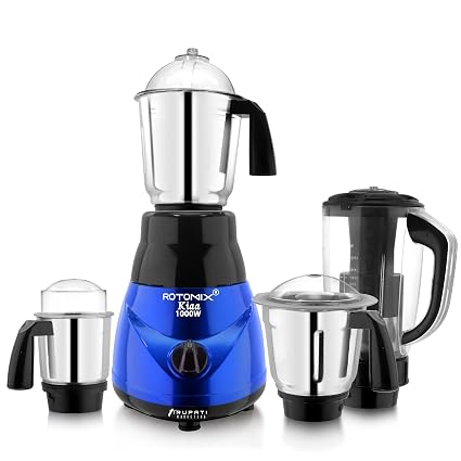 Rotomix New Model Traditional KIAA 1000-Watts Mixer Grinder with 100% Copper Motor with 3 Heavy Aluminium base Stainless Steel Jars , 1 ABS Juicer Jar 4R(Dry Jar, Chutney Jar, Liquid, Juicer Jar) Blue-Black