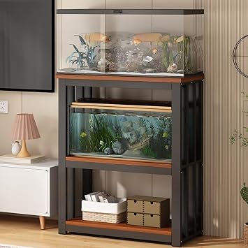 55-75 Gallon Fish Tank Stand, Metal Frame Aquarium Stands, with 2-Tier Adjustable Shelves for Fish Tank Accessories Storage, for Home Office Black frame + teak 100x40x100cm