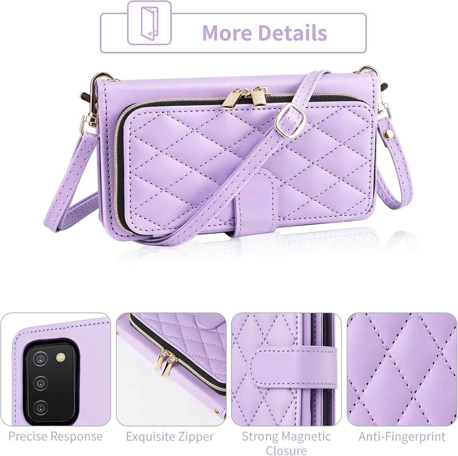 Argyle Wallet Case for Samsung Galaxy A03s US Version 5G 2022 with Wrist Strap Shoulder Strap, 9+ Card Slot Zipper Purse Stand Checkered Phone Cover for Ao3s A 03s SM-A037U SM A037U Purple