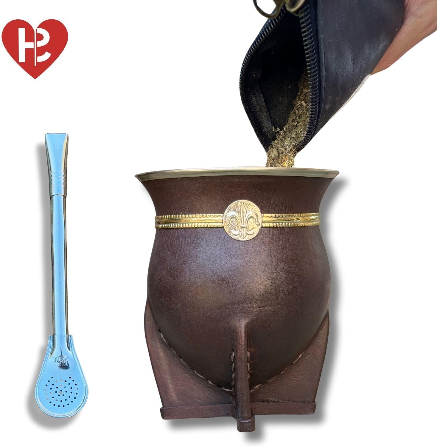 Hide & Smile Camionero Premium Handmade Mate Kit, pumpkin and leather Cup And Bombilla Set, Authentic Argentine Mate Gourd Tea, Includes Straw (brown)