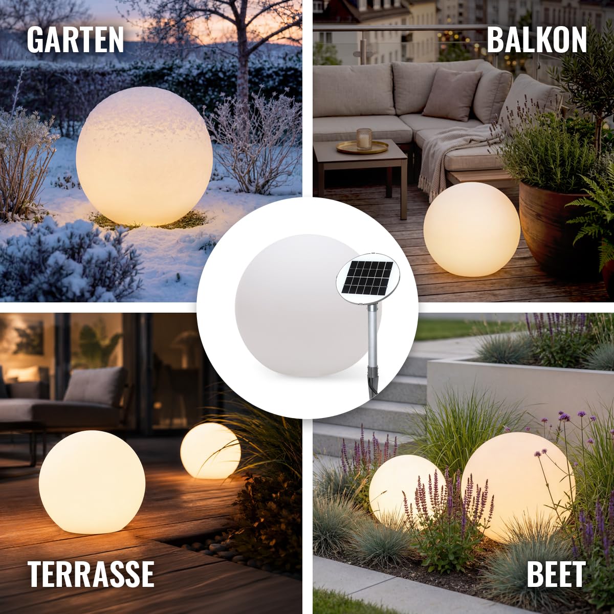 8 seasons design Solar Kugelleuchte 30 cm Shining Globe (weiß) LED warmweiß, Dämmerungssensor – wetterfest – Solarlampe für außen (Garten, Terrasse, Balkon)