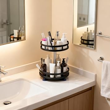 Lazy Susan Organizer Rotating Spice Rack, 2 Tier Adjustable 360° Rotating Metal Lazy Susan Turntable，for Cabinet Pantry Kitchen Bathroom Floor Bathroom Vanity Storage, Black