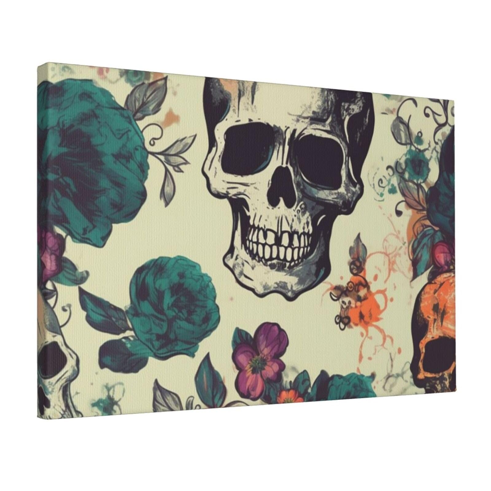 KLOPH Skull flower Canvas Wall Art for Living Room 12"x18" Modern Artwork Painting for Bathroom Hanging Canvas Prints Aesthetic Wallart for Bedroom Kitchen Office Wall Decor