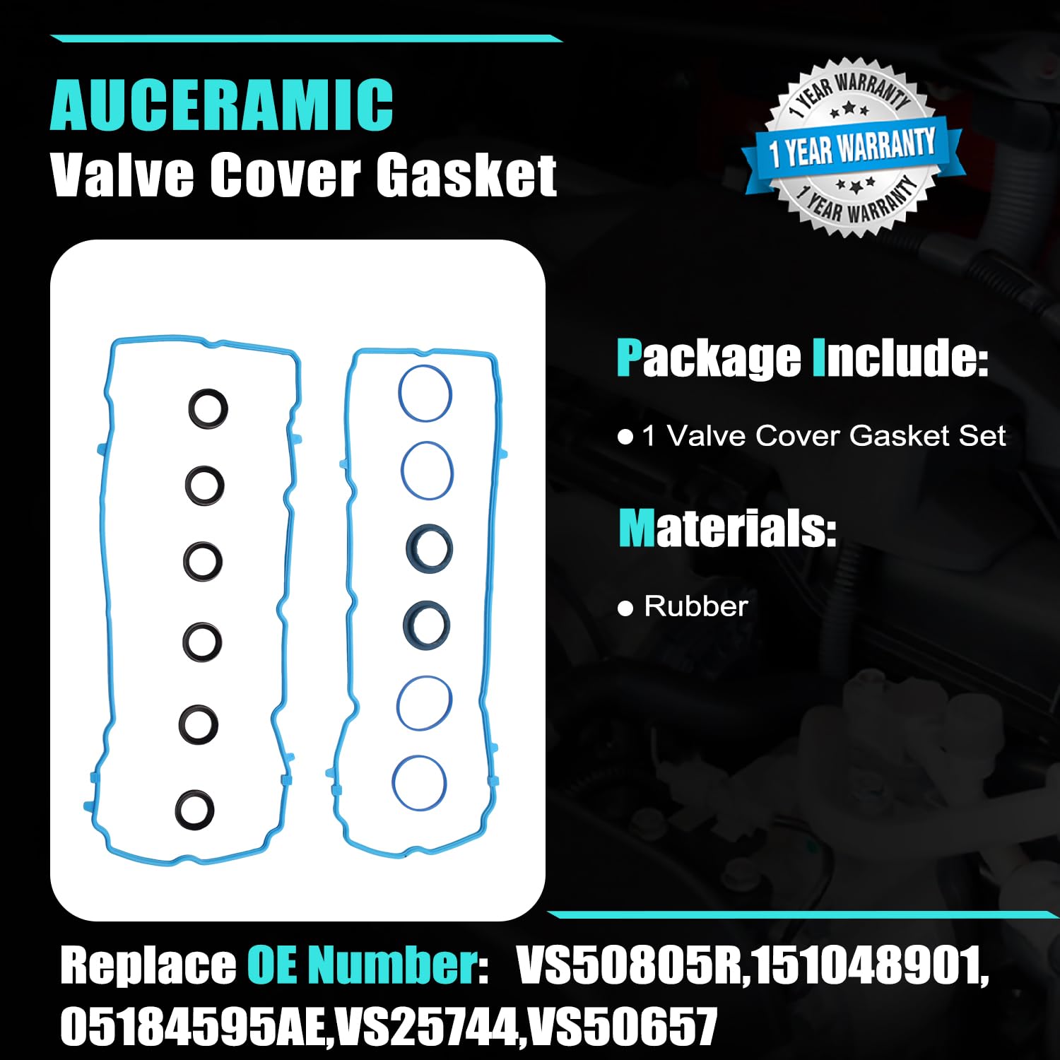 AUCERAMIC VS50805R Valve Cover Gasket Fit for 2011-2016 Chrysler 200 300 Town&Country Dodge Avenger Challenger Charger Durango Grand Caravan Journey Jeep Grand Cherokee Ram 1500 Volkswagen 3.6L V6