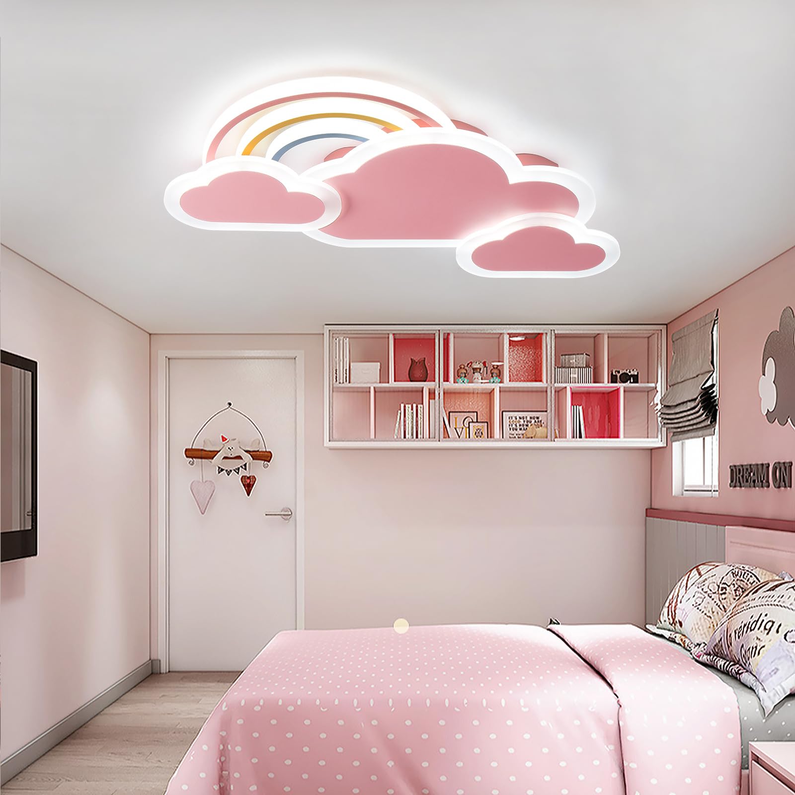 Lampara de Techo Infantil LED, 55cm/30W Lámpara de techo creativa Nubes con arcoiris Regulable con Control Remoto, Lámpara de Techo para Dormitorio de Niños y Niñas, Rosa