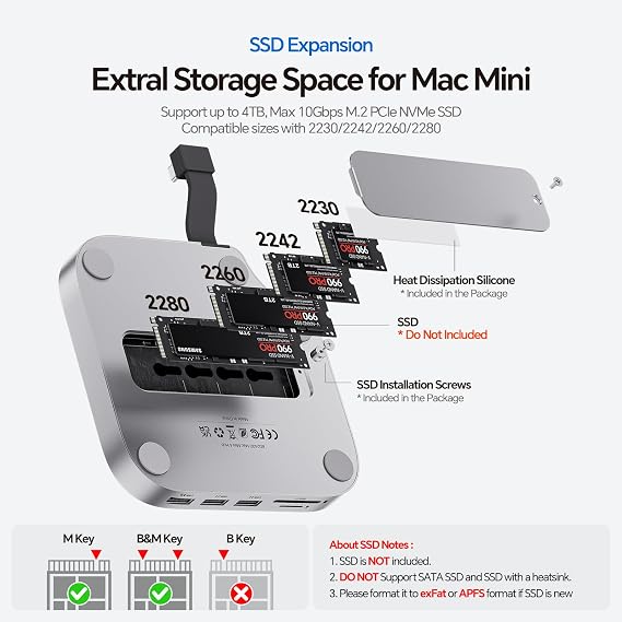 Mac Mini M4 Dock Stand with DP 4K 144Hz & HDMI 4K 60Hz, Mac Mini M4 Pro Hub with 4TB NVMe SSD Enclosure (SSD NOT Included), 3 USB A 2.0, SD/TF 3.0, 3.5mm Audio/Mic, USB C Hub for Ma-c M-ini 2024