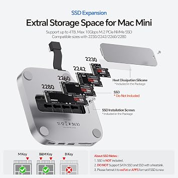 Mac Mini M4 Dock Stand with DP 4K 144Hz & HDMI 4K 60Hz, Mac Mini M4 Pro Hub with 4TB NVMe SSD Enclosure (SSD NOT Included), 3 USB A 2.0, SD/TF 3.0, 3.5mm Audio/Mic, USB C Hub for Ma-c M-ini 2024