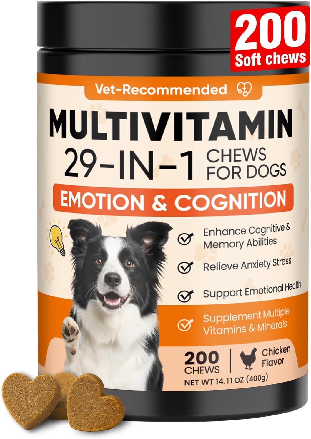 29-in-1 Advanced Cognition Dog Vitamins and Supplement with Melatonin Omega-3 L-Theanine 200 Ct Dog Multivitamins Chewable Supports Cognitive Function, Nervous System, Overall Health – Chicken Flavor