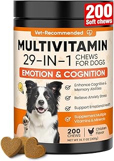 29-in-1 Advanced Cognition Dog Vitamins and Supplement with Melatonin Omega-3 L-Theanine 200 Ct Dog Multivitamins Chewable Supports Cognitive Function, Nervous System, Overall Health - Chicken Flavor