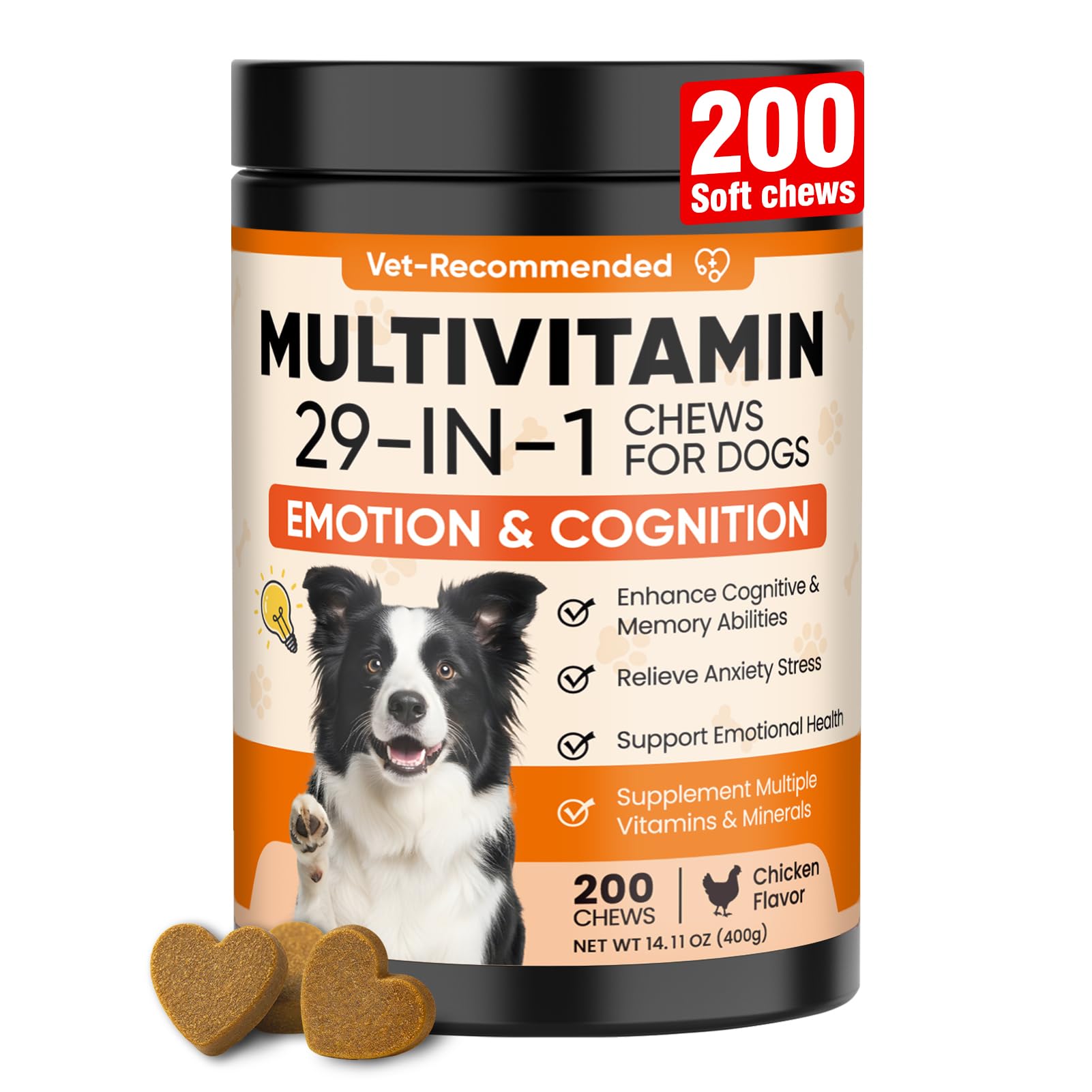29-in-1 Advanced Cognition Dog Vitamins and Supplement with Melatonin Omega-3 L-Theanine 200 Ct Dog Multivitamins Chewable Supports Cognitive Function