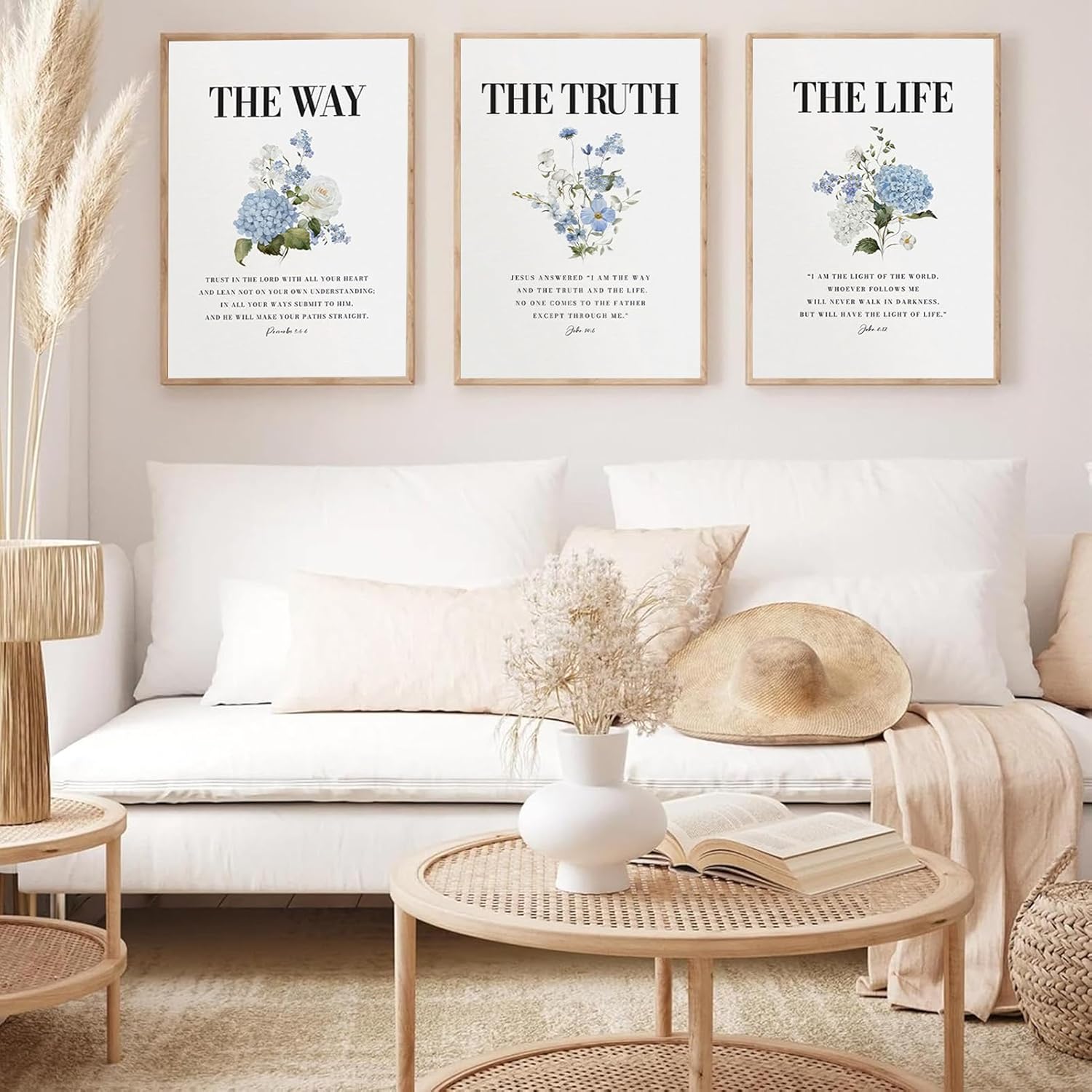KLXCAJAM 3Pcs Christian Wall Art Bible Quote Pictures Paintings Wall Decor Blue Floral Prints John 14 6 The Way The Truth The Life Scripture Artwork for Bathroom Room Home Decoration 16x24in
