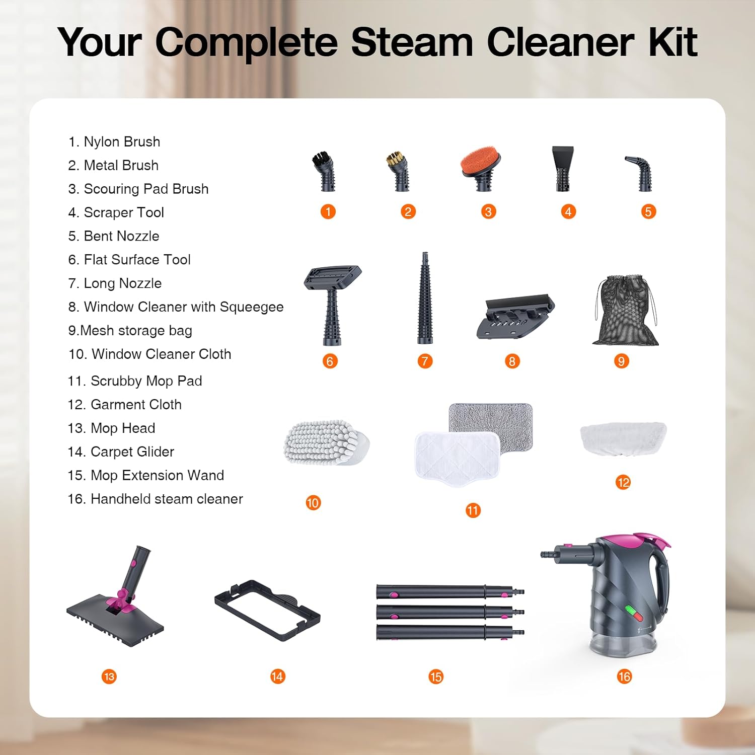 ScrubWiz 10-in-1 Steam Cleaner, Steam Mop with Detachable Handheld Steamer, 320ml Water Tank, 10s Fast Heating, Portable Steamer for Cleaning Floor, Tiles, Kitchen, Window, BBQ Grill, Car, Gray