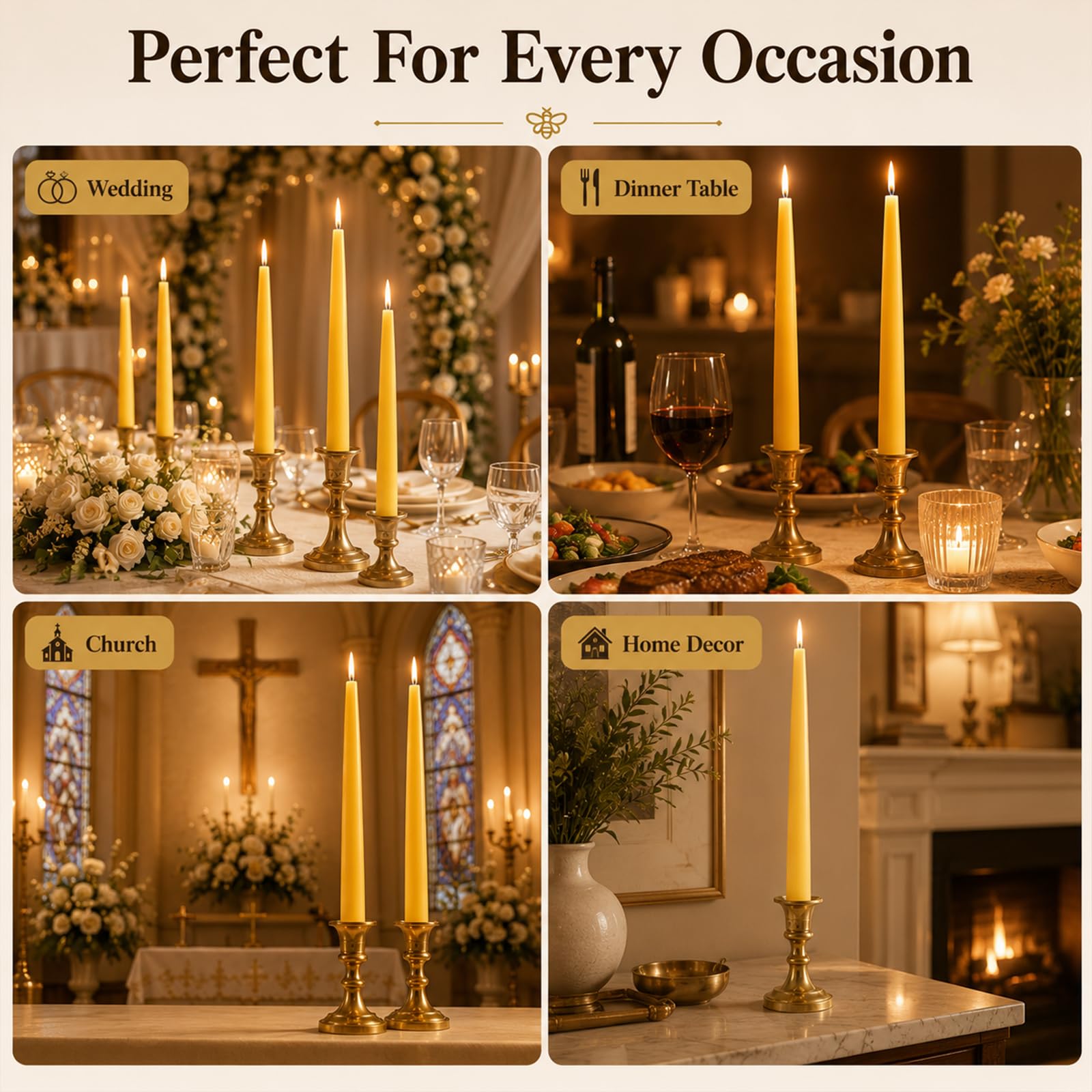 12 velas cónicas de cera de abeja natural de 10 pulgadas, velas de cera de abeja sin humo y sin goteo, 10 horas de tiempo de combustión, candelabros de cera de abeja para decoración del