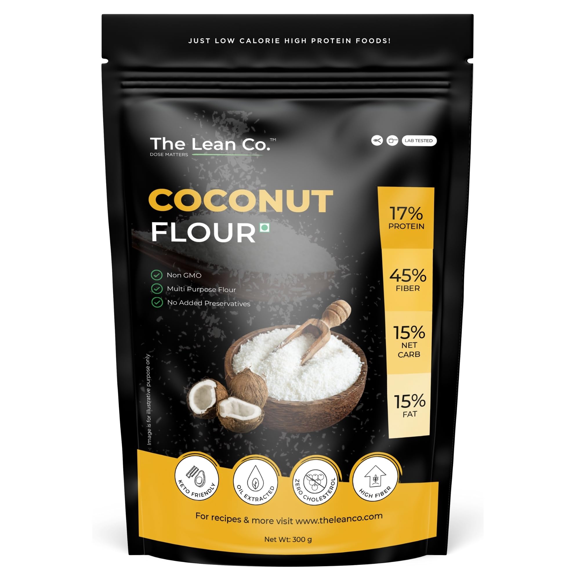 Coconut Flour (300 g) | 15% Fat, 45% Fiber, 15% Net Carb | No Preservatives | Gluten Free | High Fiber | Low Carb | Great for Keto | Nutrient Rich | Ideal for Keto | Good for Baking
