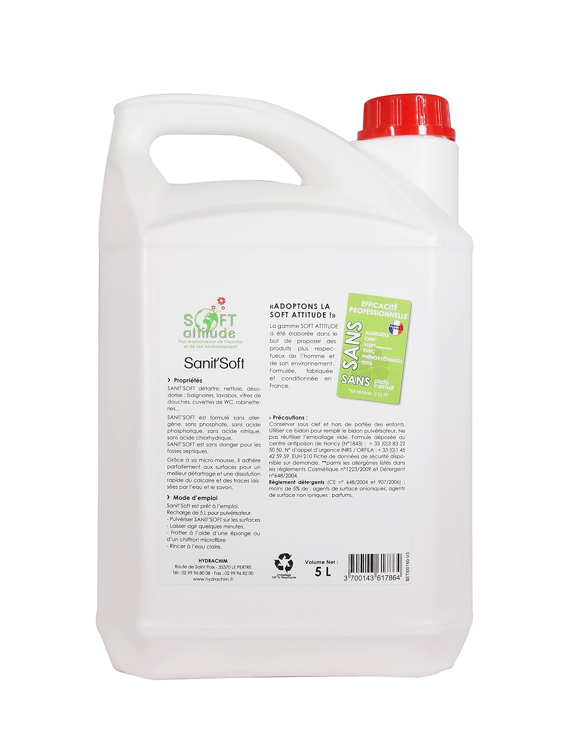 Produits et accessoires de nettoyage - Nettoyant WC - Produit WC - Détartrant Cuvette toilette - Détartrant sanitaires - SANIT'SOFT - Bidon 5 Litres