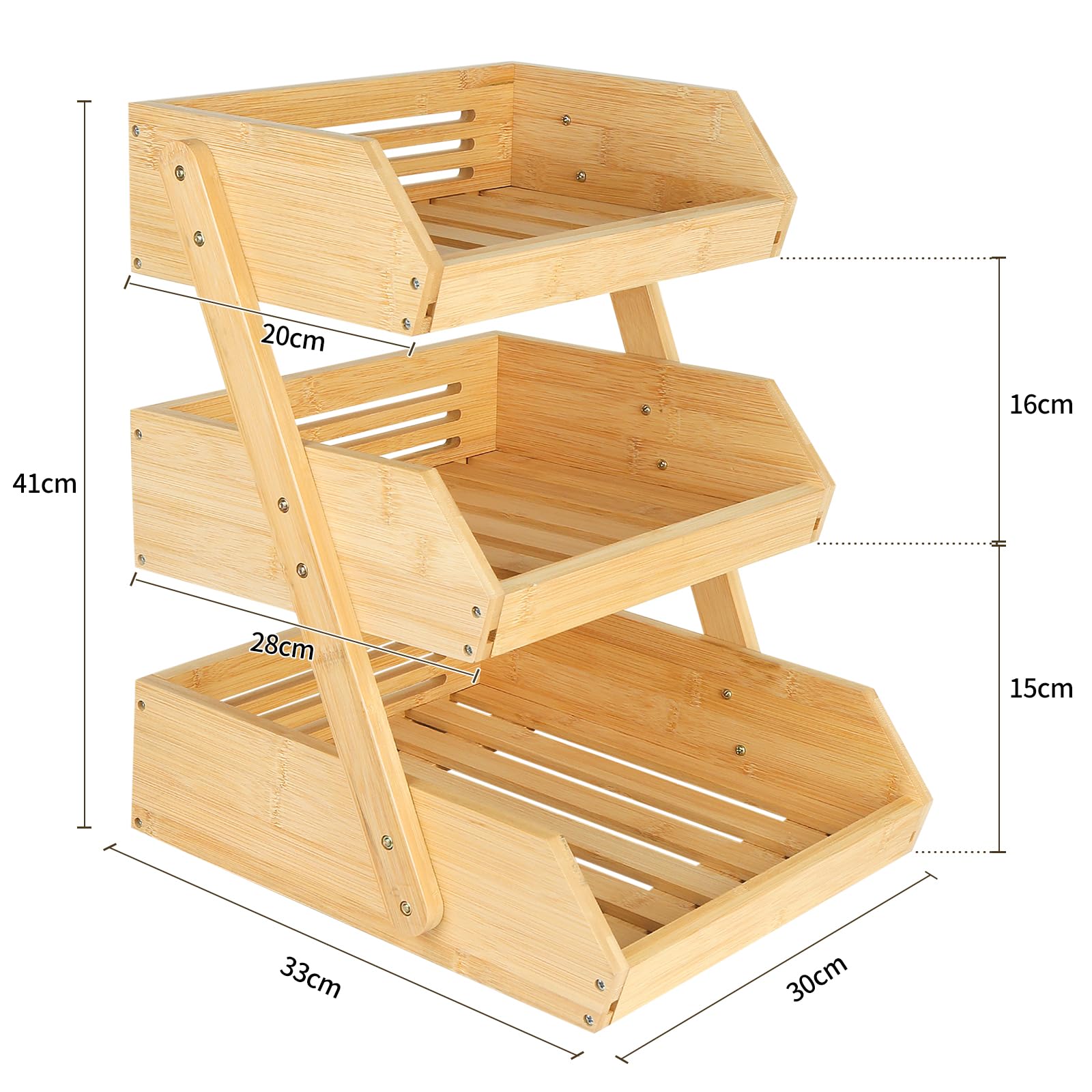 HUOLE Supporto per Cesto di Frutta in Bambù, a 3 Ripiani, Supporto per Cestino di Frutta, Organizzazione del Pane in Cucina, per Piano di Lavoro di Cucina per Frutta 30*33*41cm