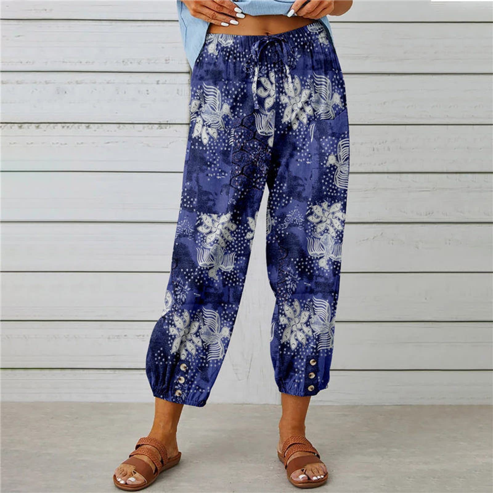Pantaloni Lunghi Mare Donna - Pantaloni Harem Donna Estivi Vita Alta Gamba Larga Casual Pantalone Vintage Stampa Boho con Coulisse Leggeri Comodi con Tasche Spiaggia Pantalone