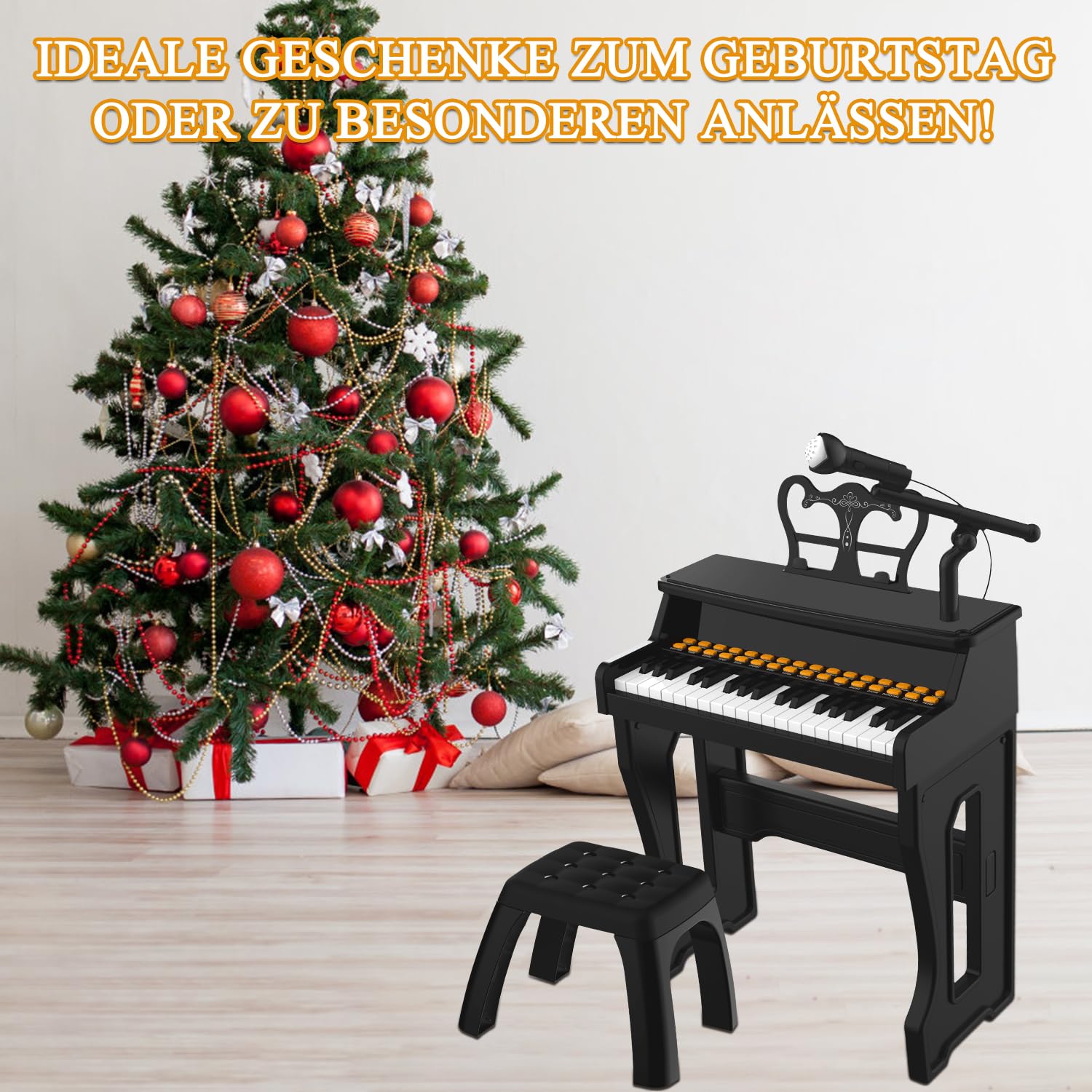 Kinder Klavier Keyboard Spielzeug, Kleinkind elektronische Musikinstrument Lernspielzeug mit Mikrofon und Hocker, Weihnachten Geburtstag Geschenk für 3+ Jahre alt (schwarz)