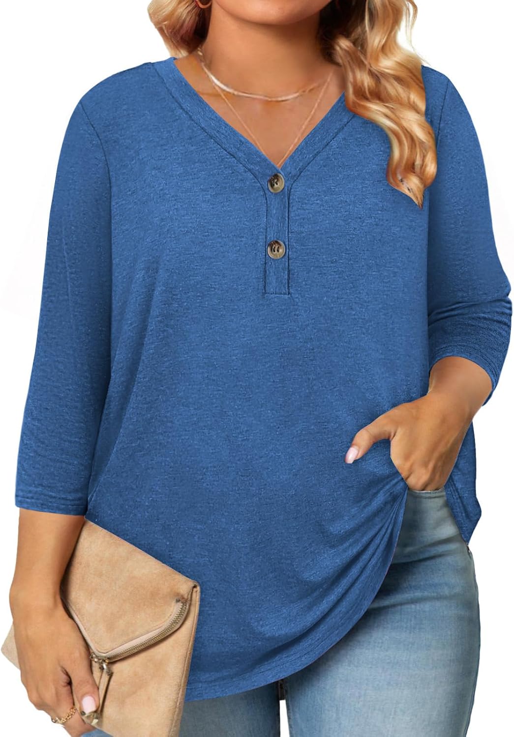 Plus Size Clothes 3/4 Length Sleeve Womens Tops Button Down Shirts Blouses Dressy Casual Loose Tunics L-4XL