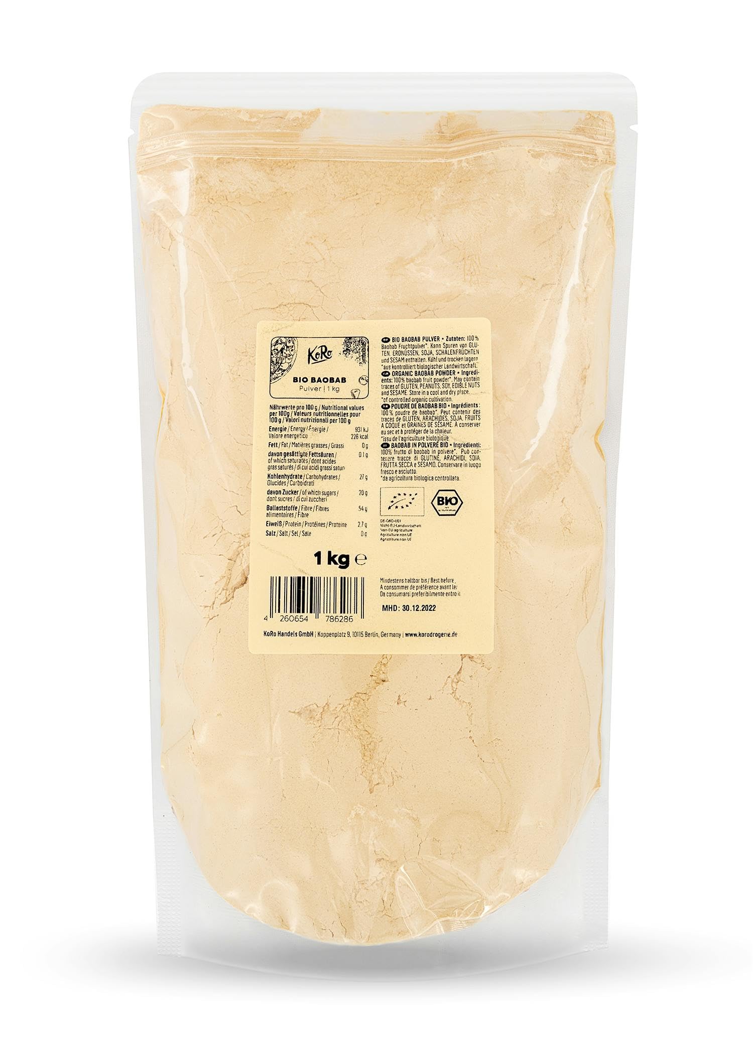 KoRo - Poudre de baobab bio 1 kg - Riche en vitamine C et en calcium - Riche en fibres - Excellent dans les smoothies, les yaourts et les pâtisseries - Convient à une alimentation vegan.