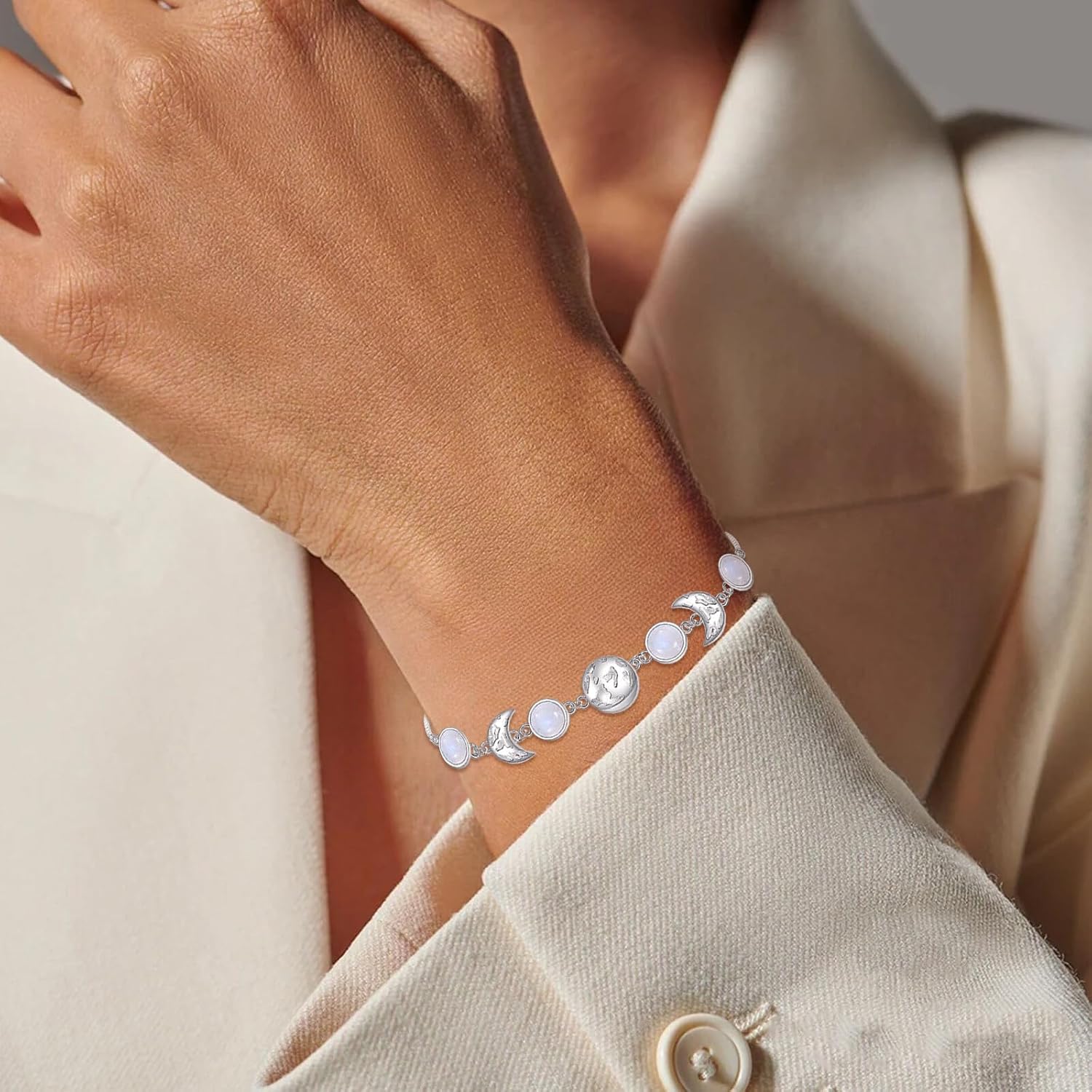 Genuine Moonstone Sun and Moon Link Bracelet, Sterling Silver Real Gemstone Healing Adjustable Bracelet Jewelry for Women, 6.5''-7.5''