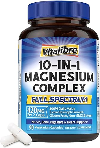 Miniatura 11 de Complejo de magnesio 10 en 1, 420 mg de magnesio elemental, ultra fuerza, máxima absorción, suplemento de magnesio quelado para dormir, nervios