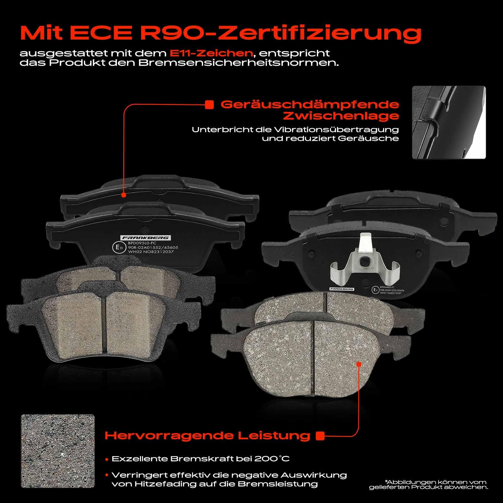 Frankberg 4x Bremsscheiben + 8x Bremsbeläge Vorne Hinten 1233679, 1360254 | Kompatibel mit Focus II Turnier DA DS FFS, Focus II Cabriolet, C-Max DM2, Focus II DA DP HCP, Focus II Stufenheck DB DH FCH