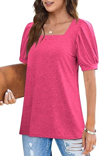Miniatura 4 de BZB - Camisetas de cuello cuadrado para mujer, trendy 2025, manga corta abombada, estilo túnica de verano, casual, tallas S-2XL