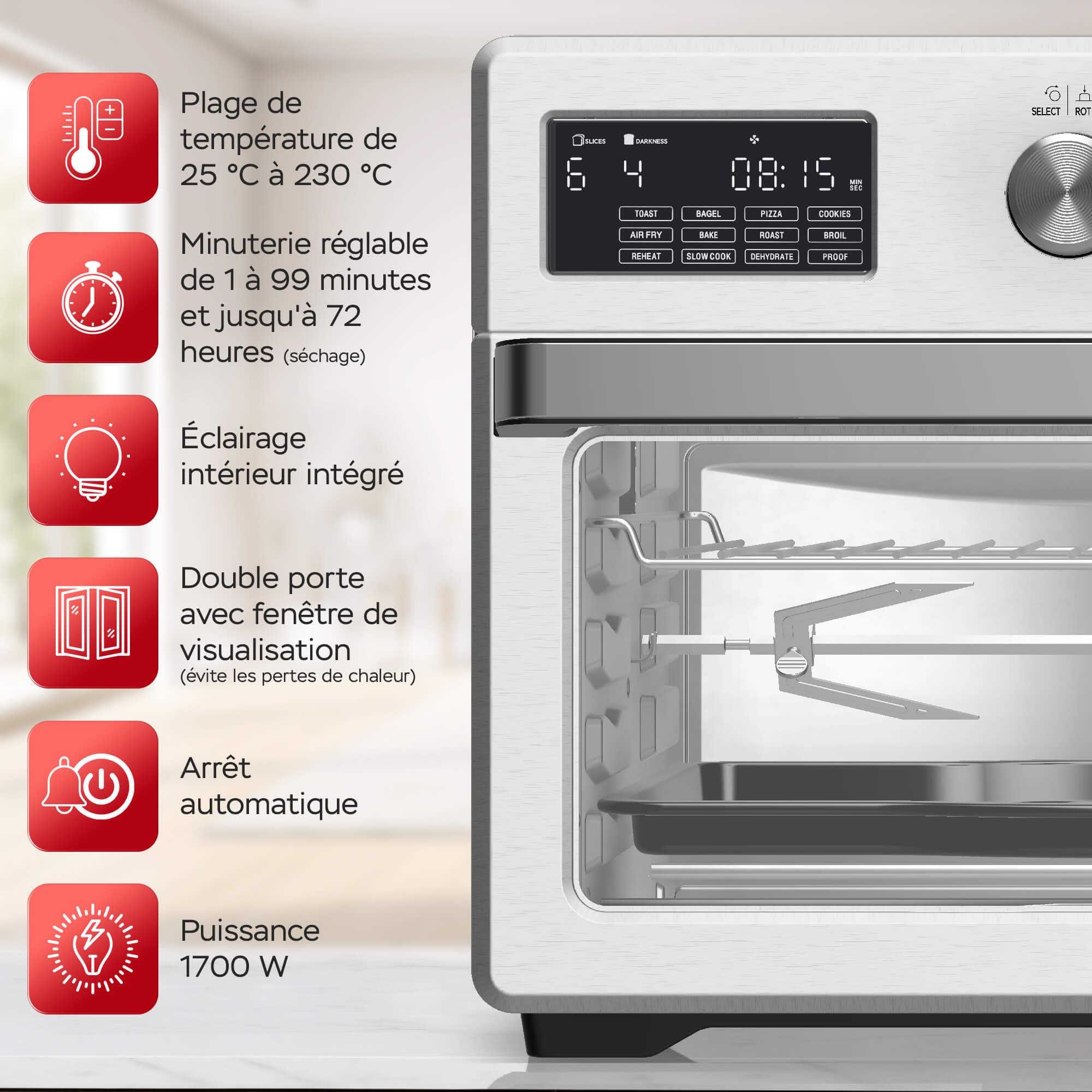 TurboTronic Four à Friteuse à Air, Horno de Aire Caliente Digital XXL 32L con Asador, 5 en 1 Mini Horno y Airfryer, Perfecto para Pollo, Deshidratador y Freidora sin Aceite
