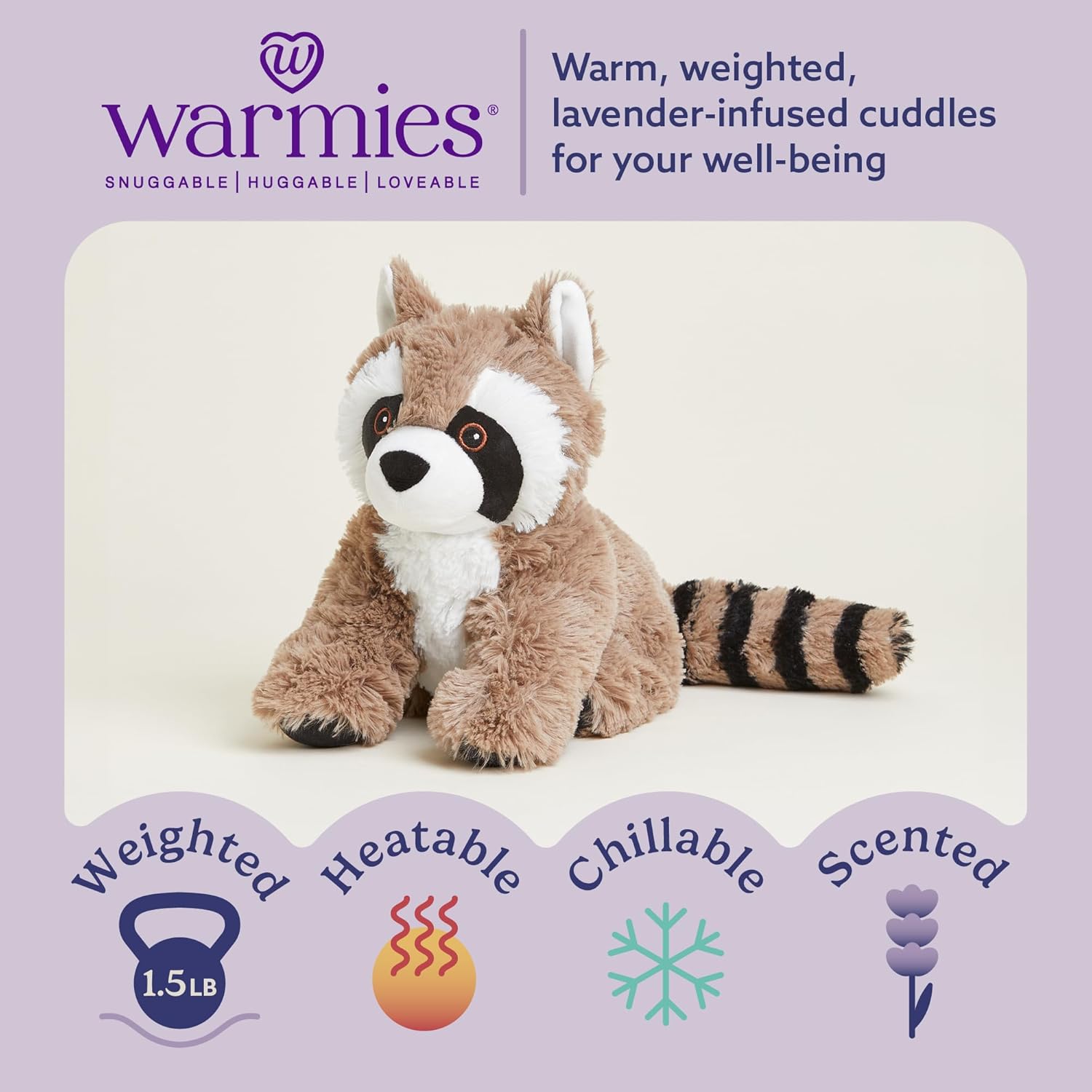 warmies Microwavable & Weighted Stuffed Animals, Raccoon - Heated Stuffed Animal Plushie for Warmth & Comfort - Cute Soft Plush Toys for Adults & Children (Boys, Girls, Babies & Toddlers)