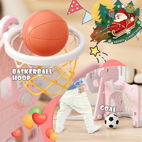 Miniatura 3 de XJD Juego de toboganes y columpios 6 en 1 para niños pequeños de 1 año, juego para exteriores con aro de baloncesto, marco de fútbol, columpio,