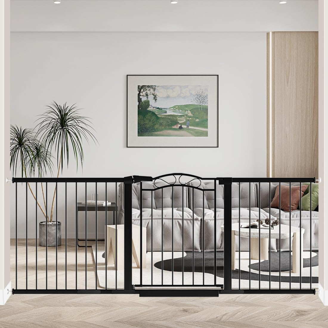 81.9"-84.6" Extra Wide Baby Gate for Stairs, Pressure Mounted Auto Close Child Pet Safety Gate with Door No Drill, Large Long Dog Gate for The House and Doorways, Black
