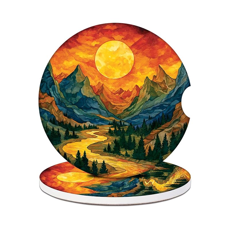 Porta-copos automotivo de cerâmica absorvente PUIBUN Mountain Sun com base de cortiça, Kit com 2 unidades