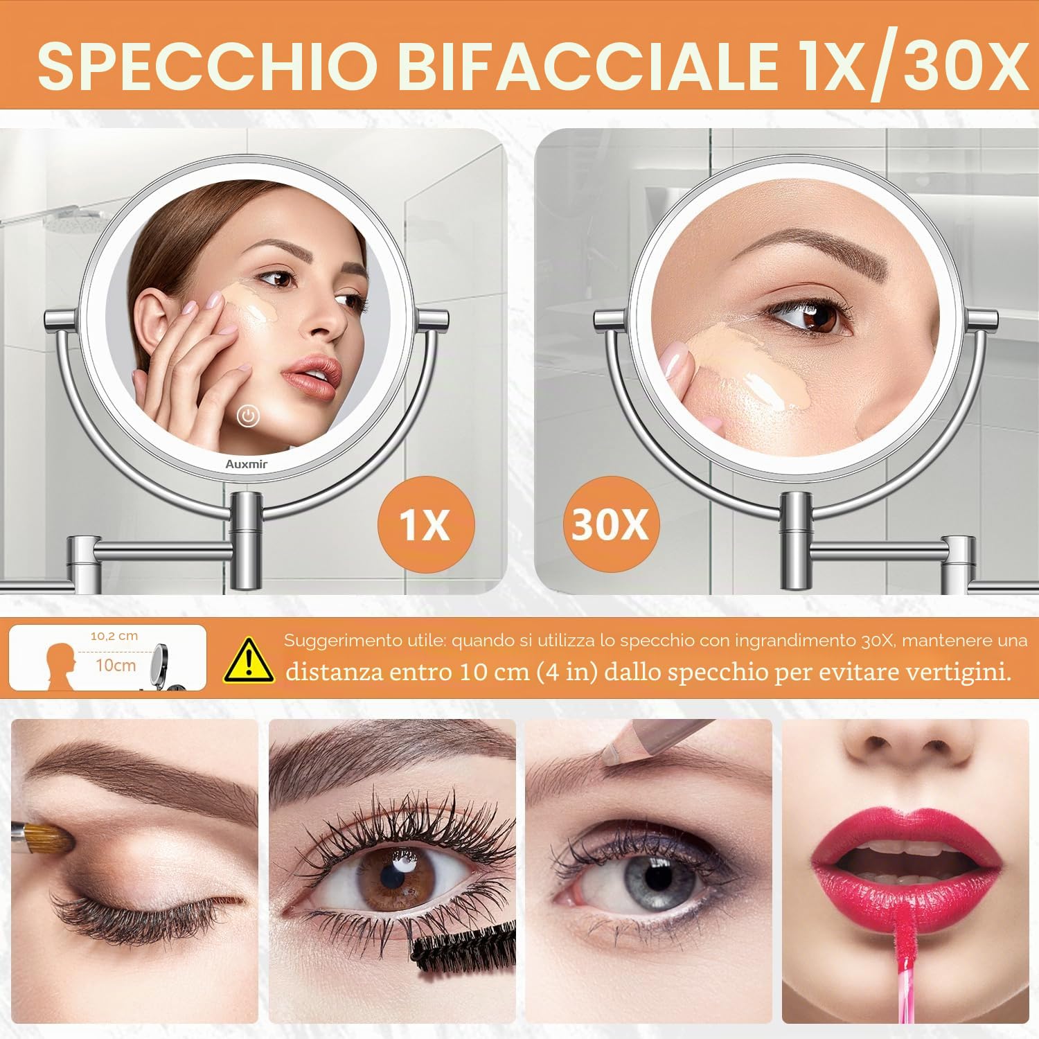 Auxmir Specchio da Parete, Ingrandimento 1X/30X, Specchio Trucco con Luci a 3 colori, Luminosità Regolabile, Specchio Bagno, Girevole a 360°, Alimentatore a Spina, Spegnimento Automatico, per Bagno