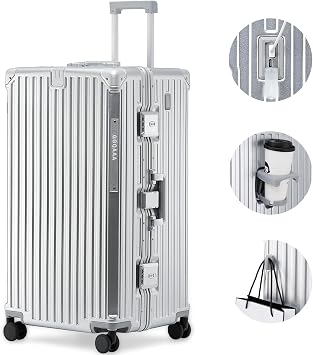 30 Inch Aluminium Frame Luggage, Large Checked Suitcase with Zipperless PC Hard Shell, Spinner Wheels, TSA Approved Lock and Lightweight Aluminum Luggage for Travel Silver, 30 Inch